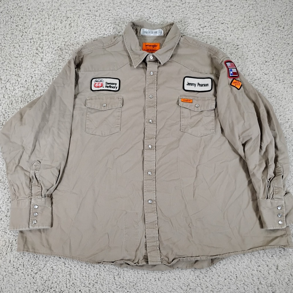 Wrangler FR Shirt Mens 4XL Beige Flame Resistant Workwear Western Pearl Snap